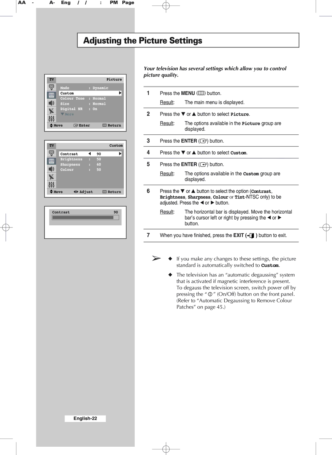 Samsung WS-32M206V manual Adjusting the Picture Settings 