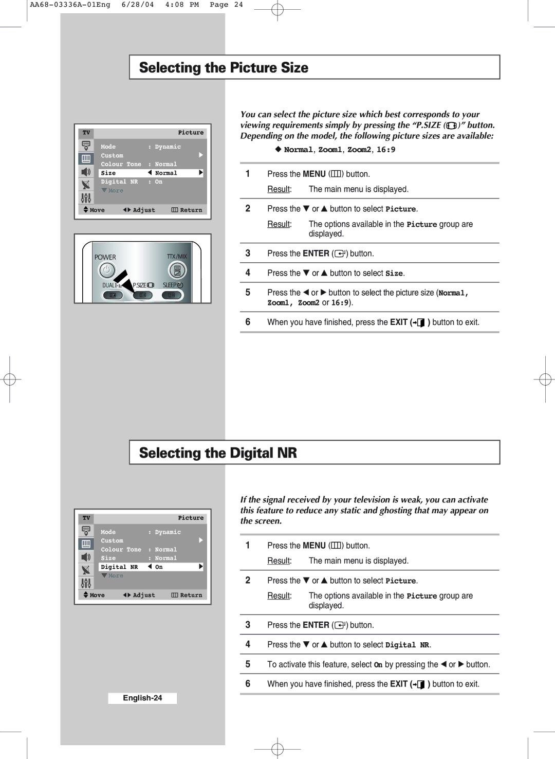 Samsung WS-32M206V manual Selecting the Picture Size, Selecting the Digital NR, Screen 