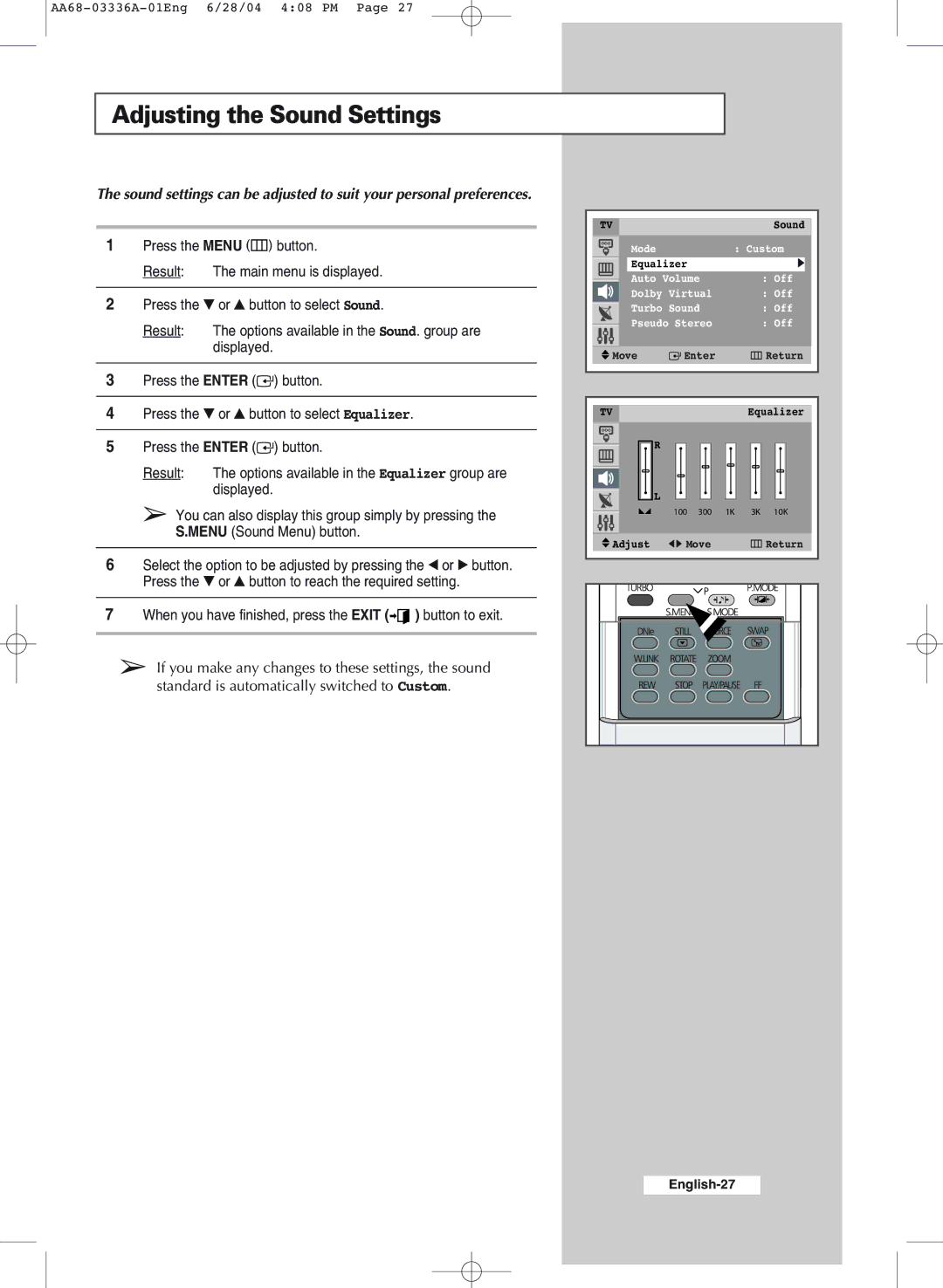 Samsung WS-32M206V manual Adjusting the Sound Settings 