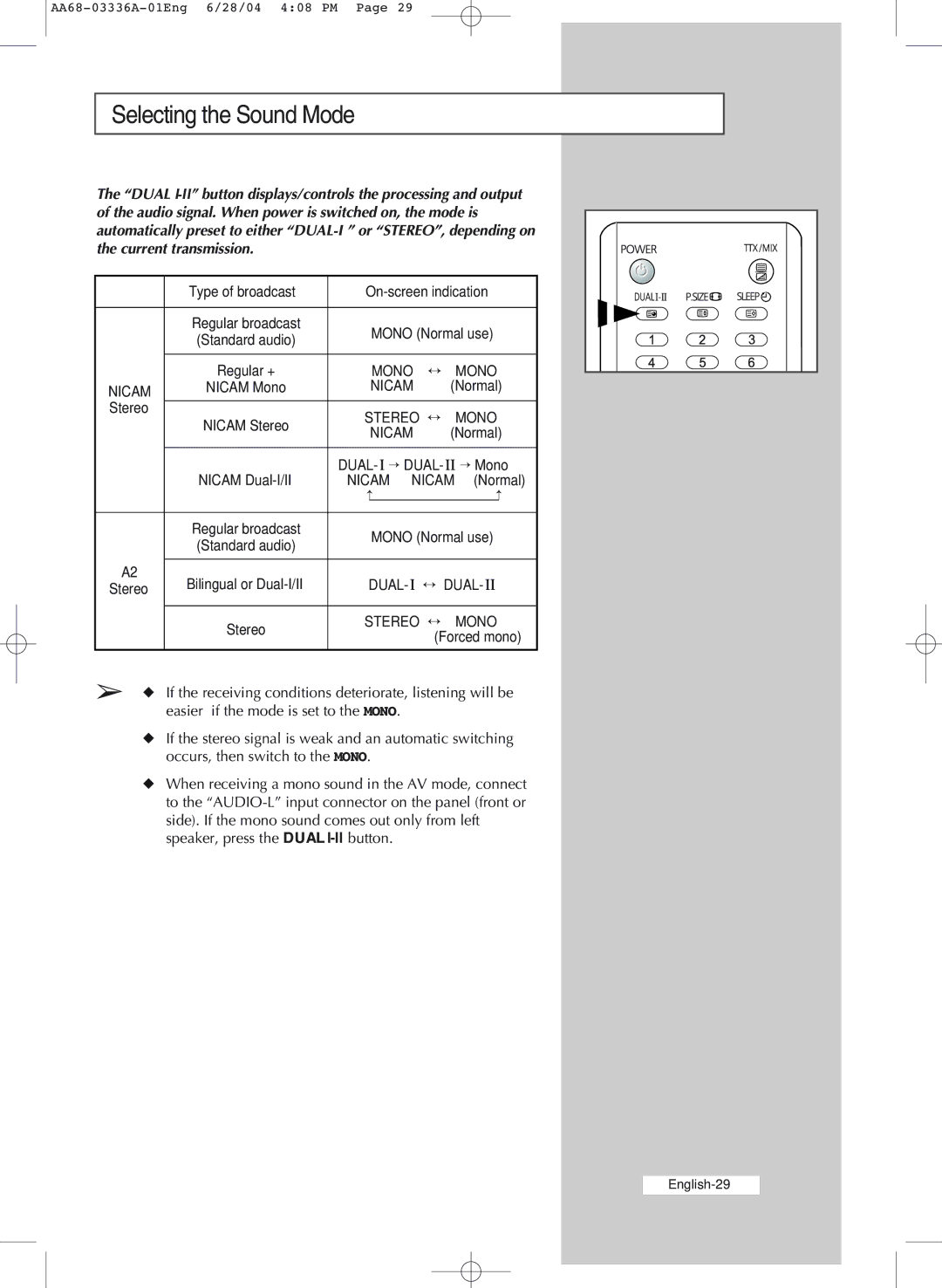 Samsung WS-32M206V manual Selecting the Sound Mode depending on the model, Stereo ↔ Mono Nicam 