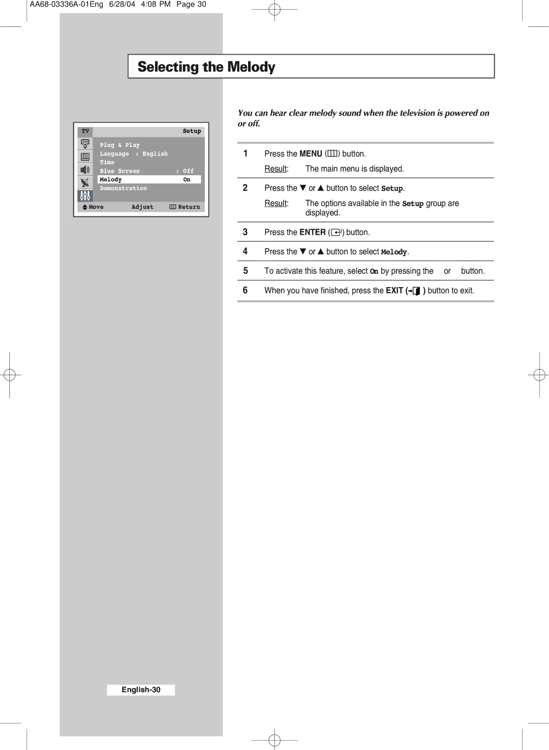 Samsung WS-32M206V manual Selecting the Melody 