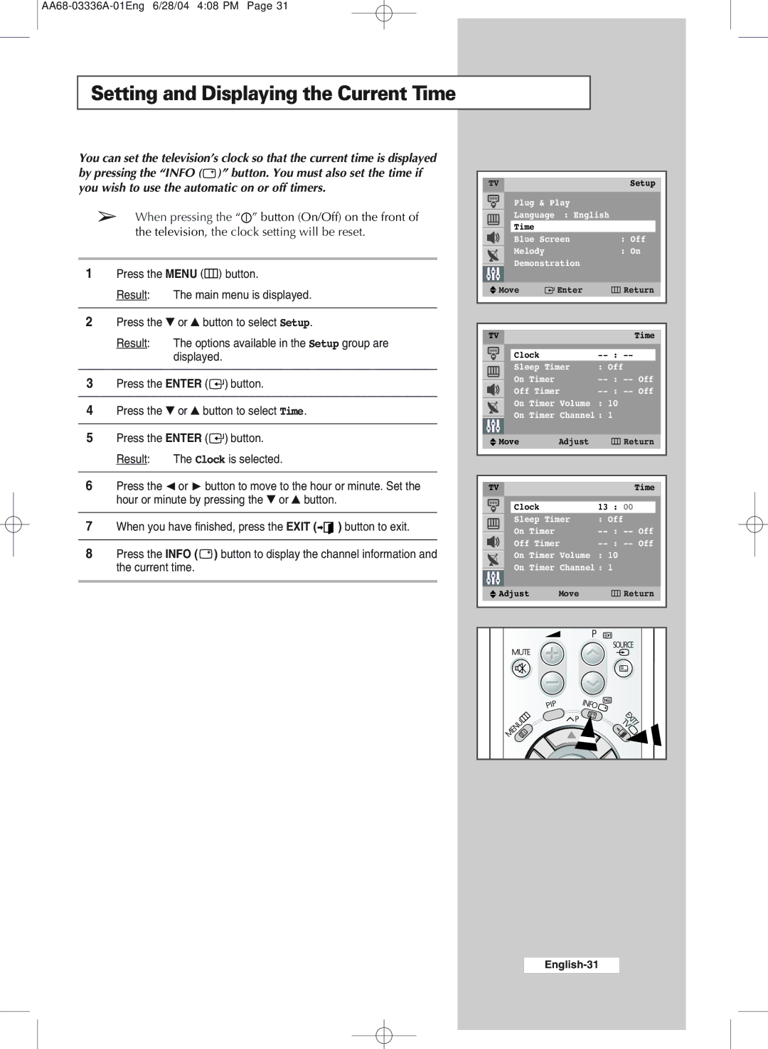 Samsung WS-32M206V manual Setting and Displaying the Current Time 