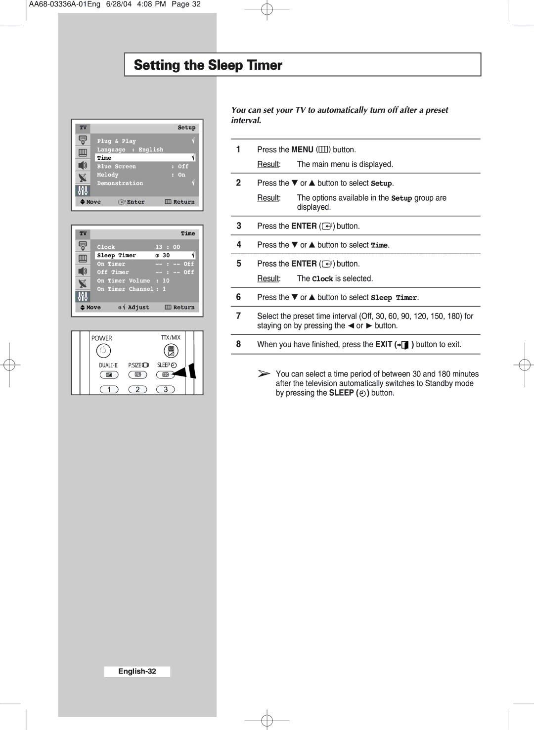 Samsung WS-32M206V manual Setting the Sleep Timer 