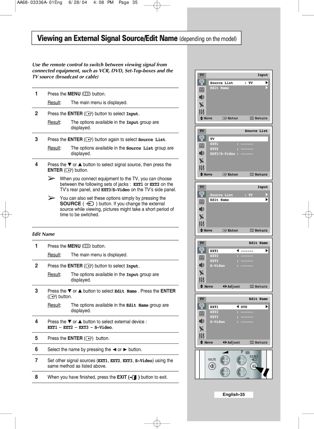 Samsung WS-32M206V manual Edit Name, EXT1 EXT2 EXT3 S-Video 