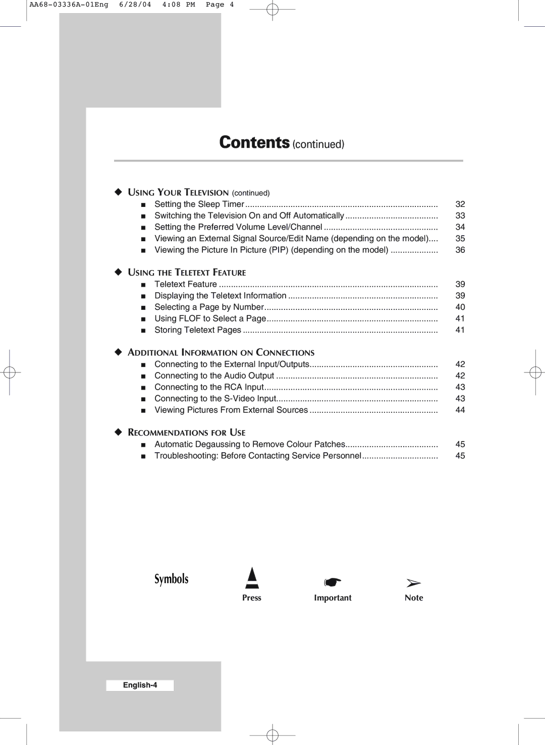 Samsung WS-32M206V manual Symbols 