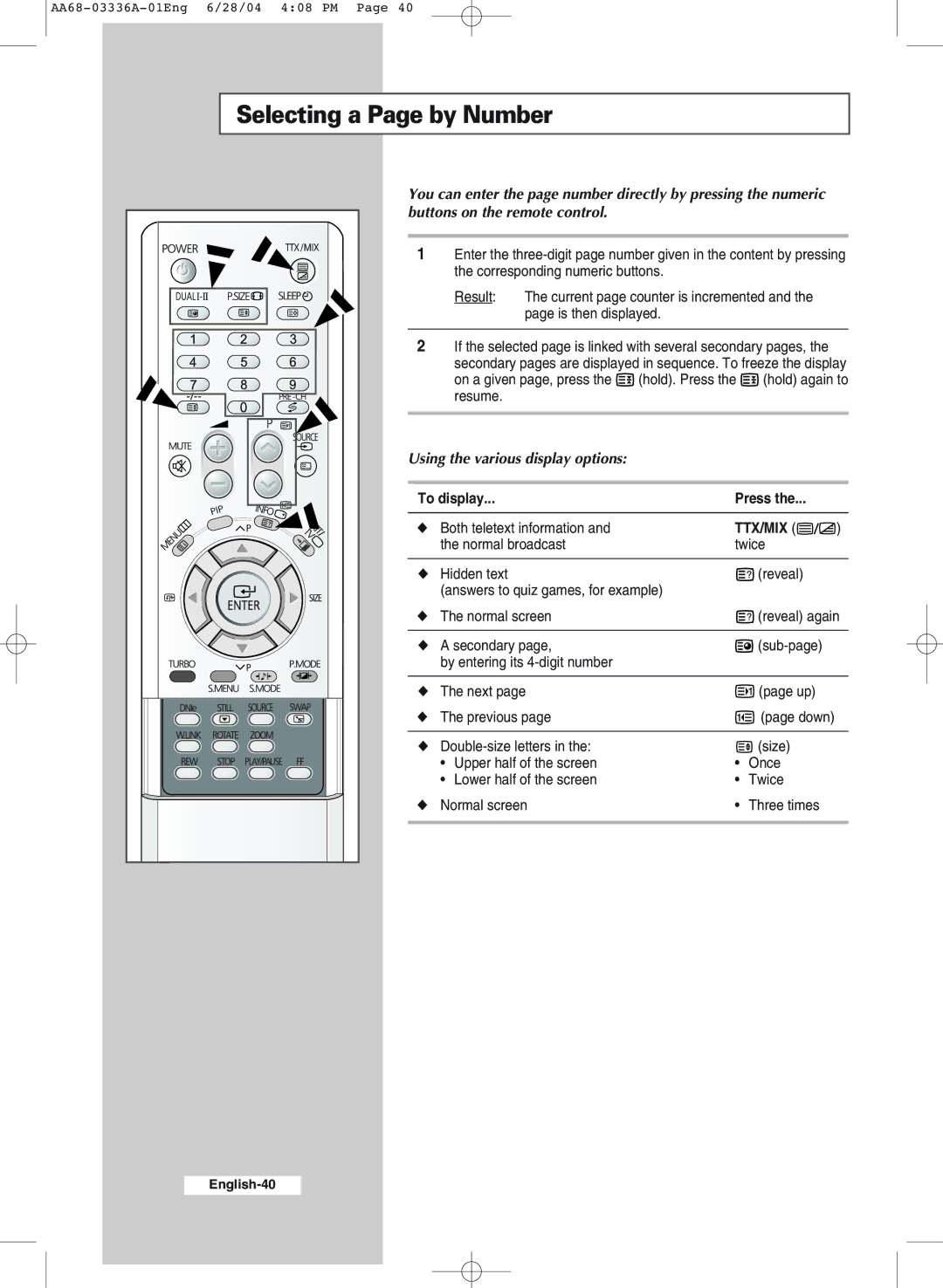 Samsung WS-32M206V manual Selecting a Page by Number, Using the various display options 