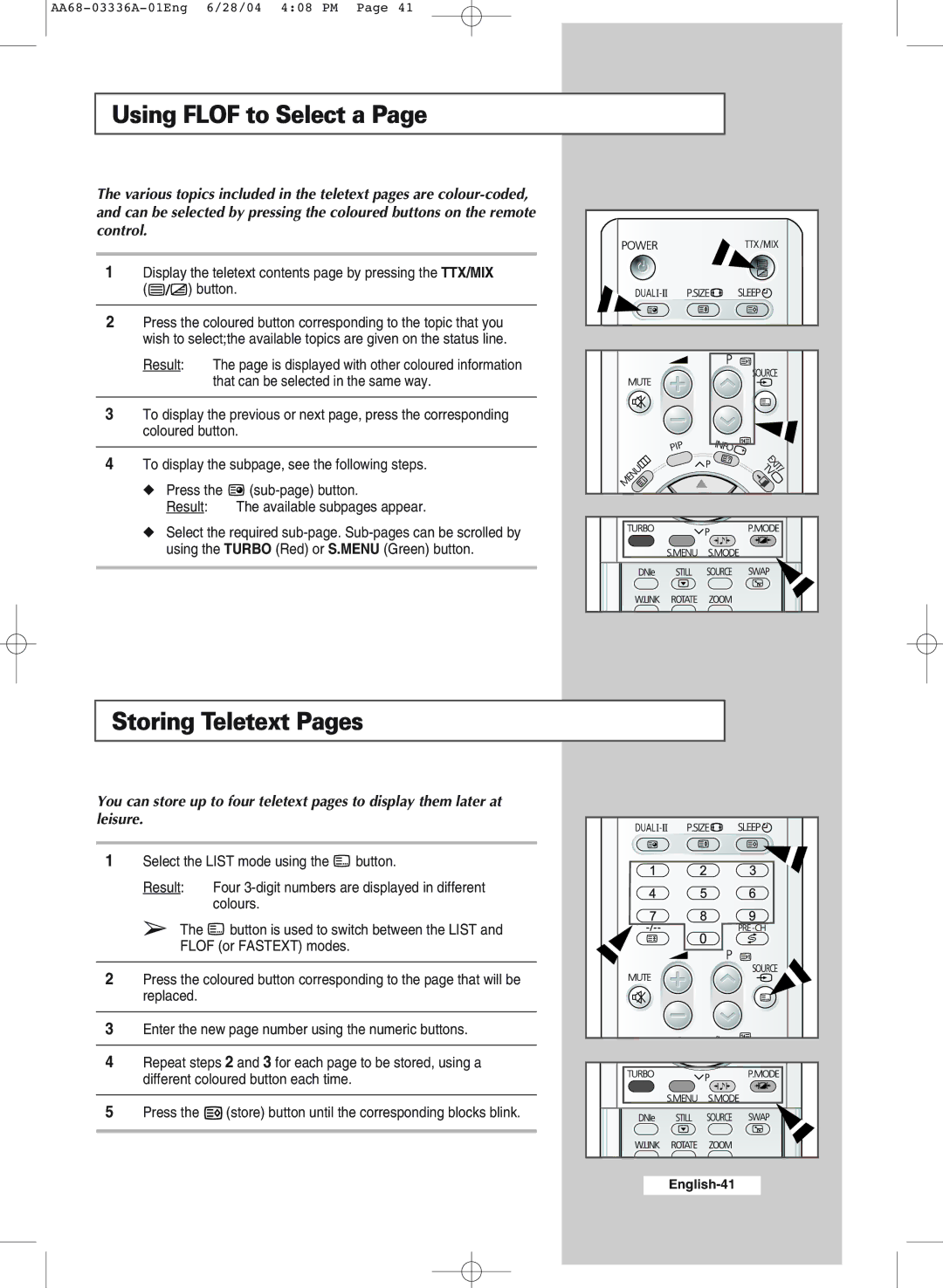 Samsung WS-32M206V manual Using Flof to Select a, Storing Teletext Pages 