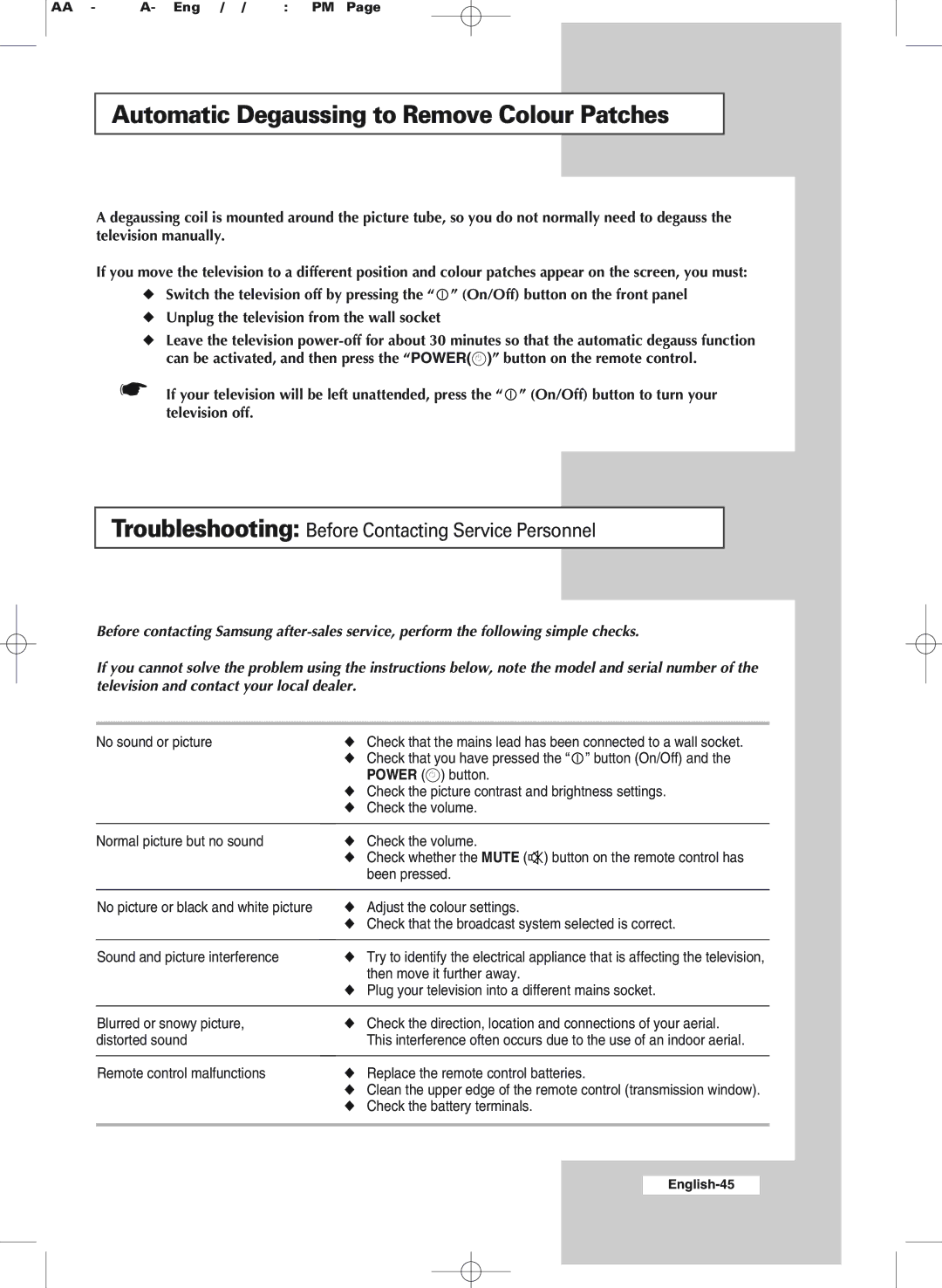 Samsung WS-32M206V Automatic Degaussing to Remove Colour Patches, Troubleshooting Before Contacting Service Personnel 