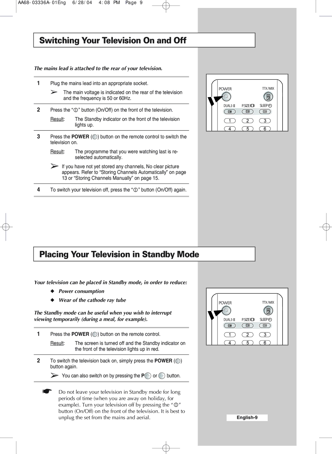 Samsung WS-32M206V manual Switching Your Television On and Off, Placing Your Television in Standby Mode 