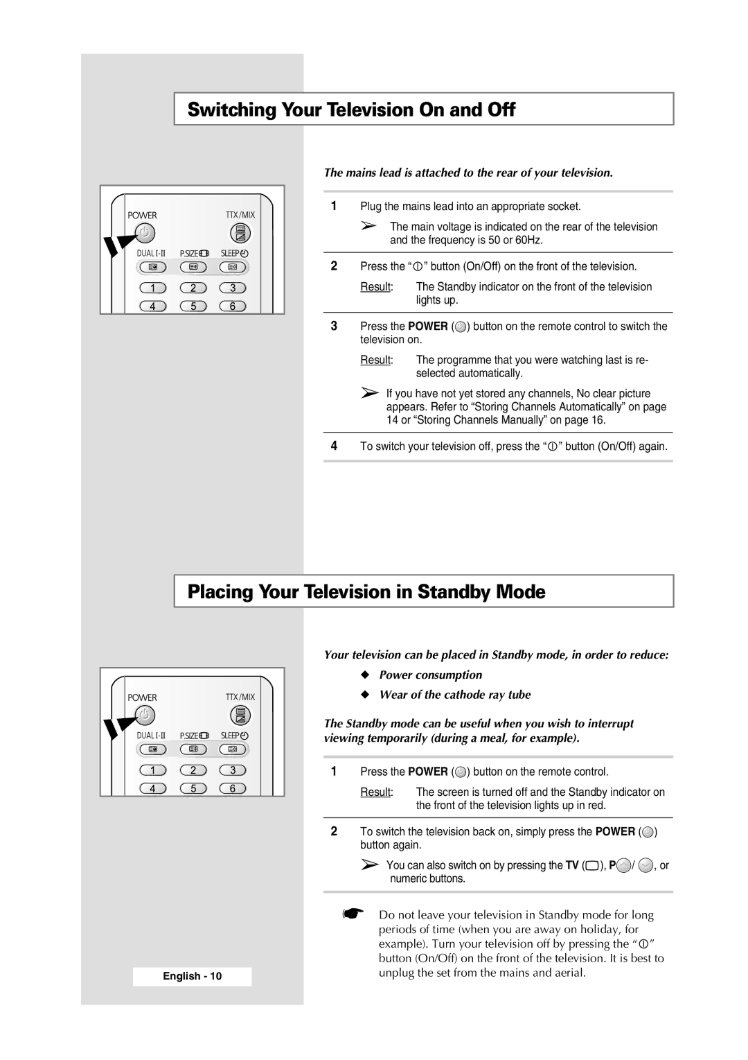 Samsung WS-32Z308P manual Switching Your Television On and Off, Placing Your Television in Standby Mode 