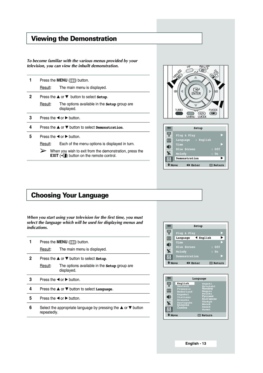 Samsung WS-32Z308P manual Viewing the Demonstration, Choosing Your Language 