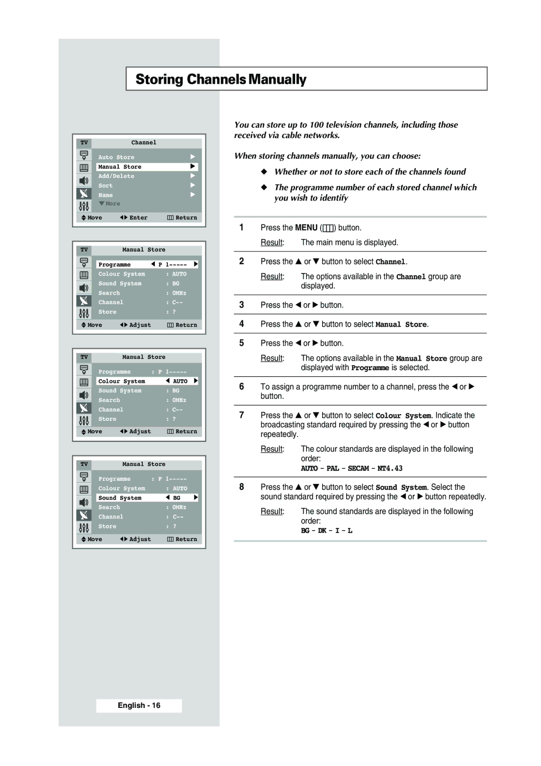 Samsung WS-32Z308P manual Storing ChannelsManually, Bg Dk I L 