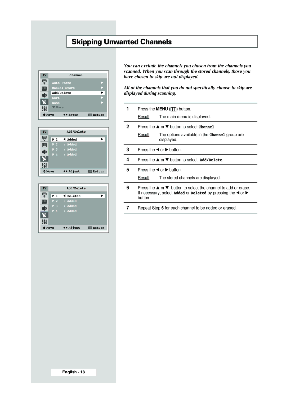 Samsung WS-32Z308P manual Skipping Unwanted Channels 