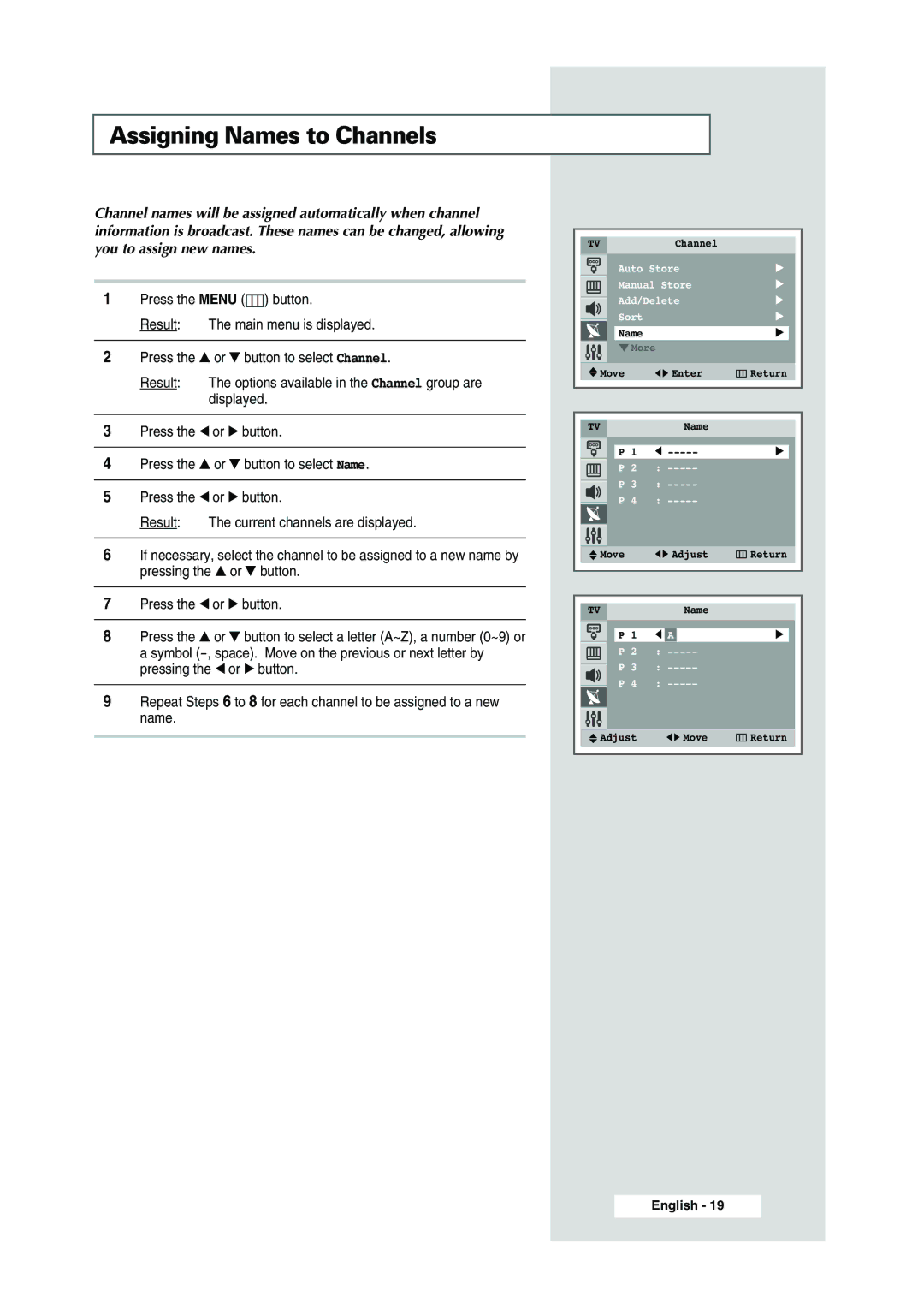 Samsung WS-32Z308P manual Assigning Names to Channels 