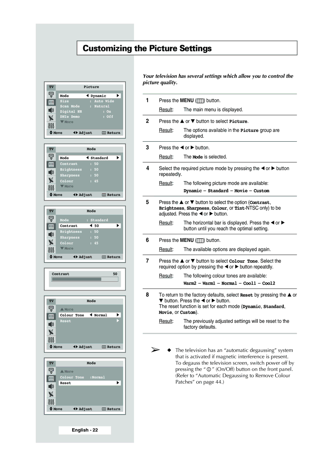 Samsung WS-32Z308P manual Customizing the Picture Settings, Warm2 Warm1 Normal Cool1 Cool2 