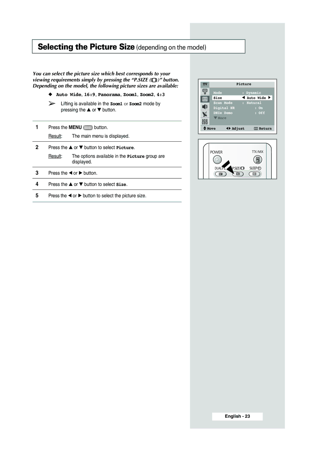 Samsung WS-32Z308P manual Selecting the Picture Size depending on the model, Auto Wide, 169, Panorama, Zoom1, Zoom2 