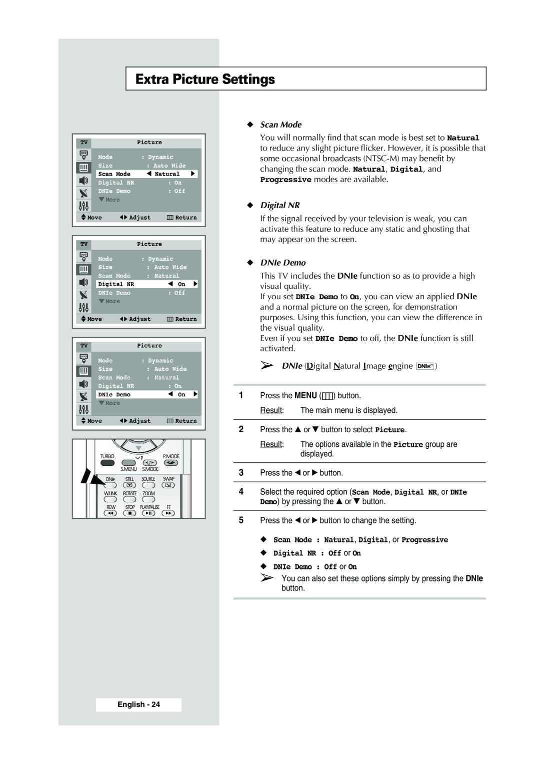 Samsung WS-32Z308P manual Extra Picture Settings, Scan Mode, Digital NR, DNIe Demo 