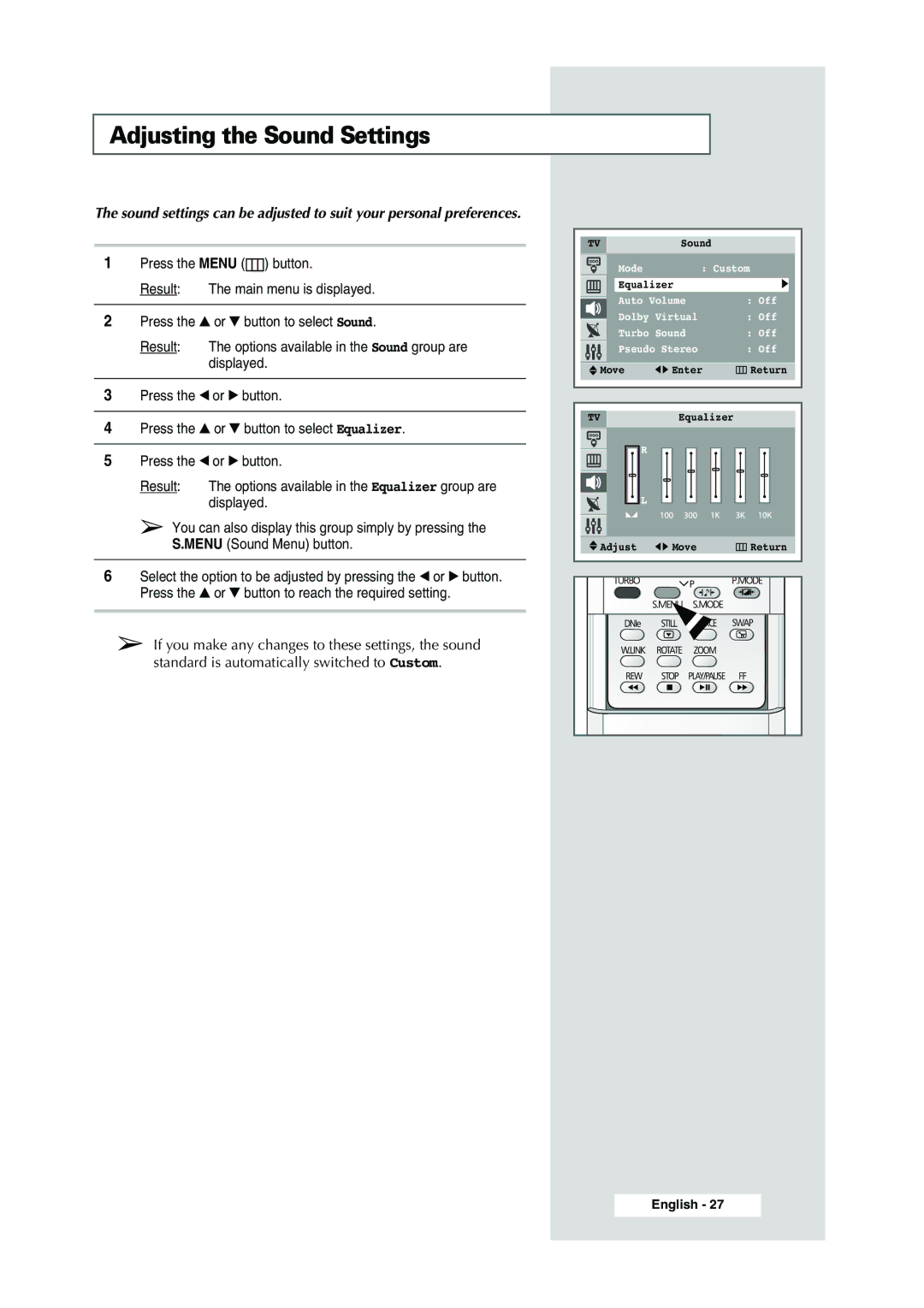 Samsung WS-32Z308P manual Adjusting the Sound Settings 