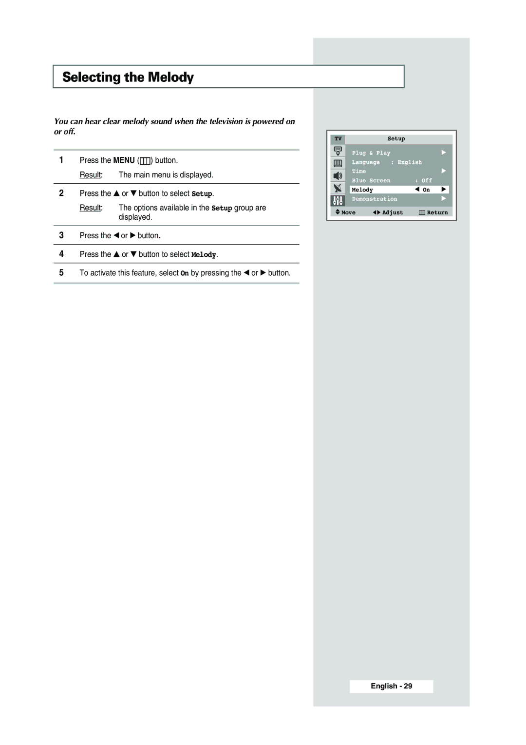 Samsung WS-32Z308P manual Selecting the Melody 