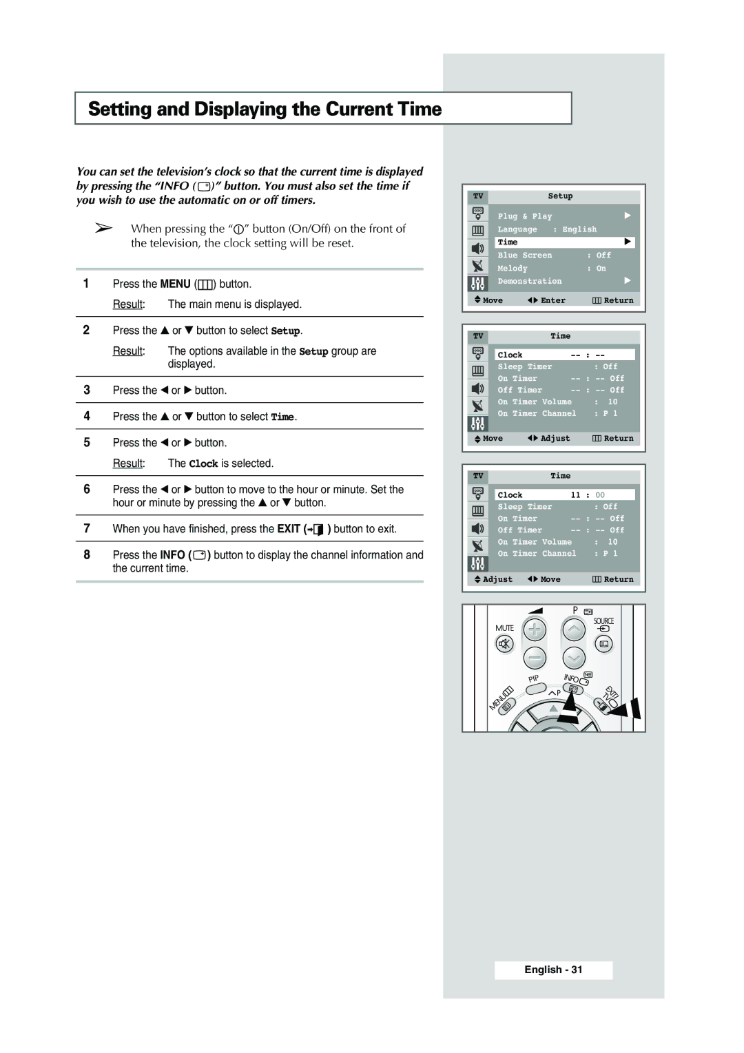 Samsung WS-32Z308P manual Setting and Displaying the Current Time 