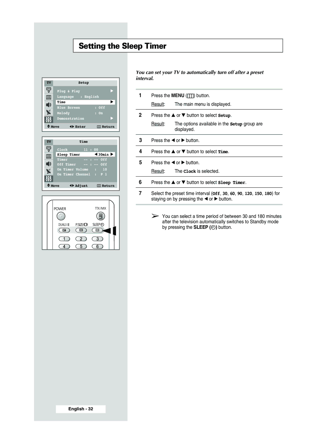 Samsung WS-32Z308P manual Setting the Sleep Timer 