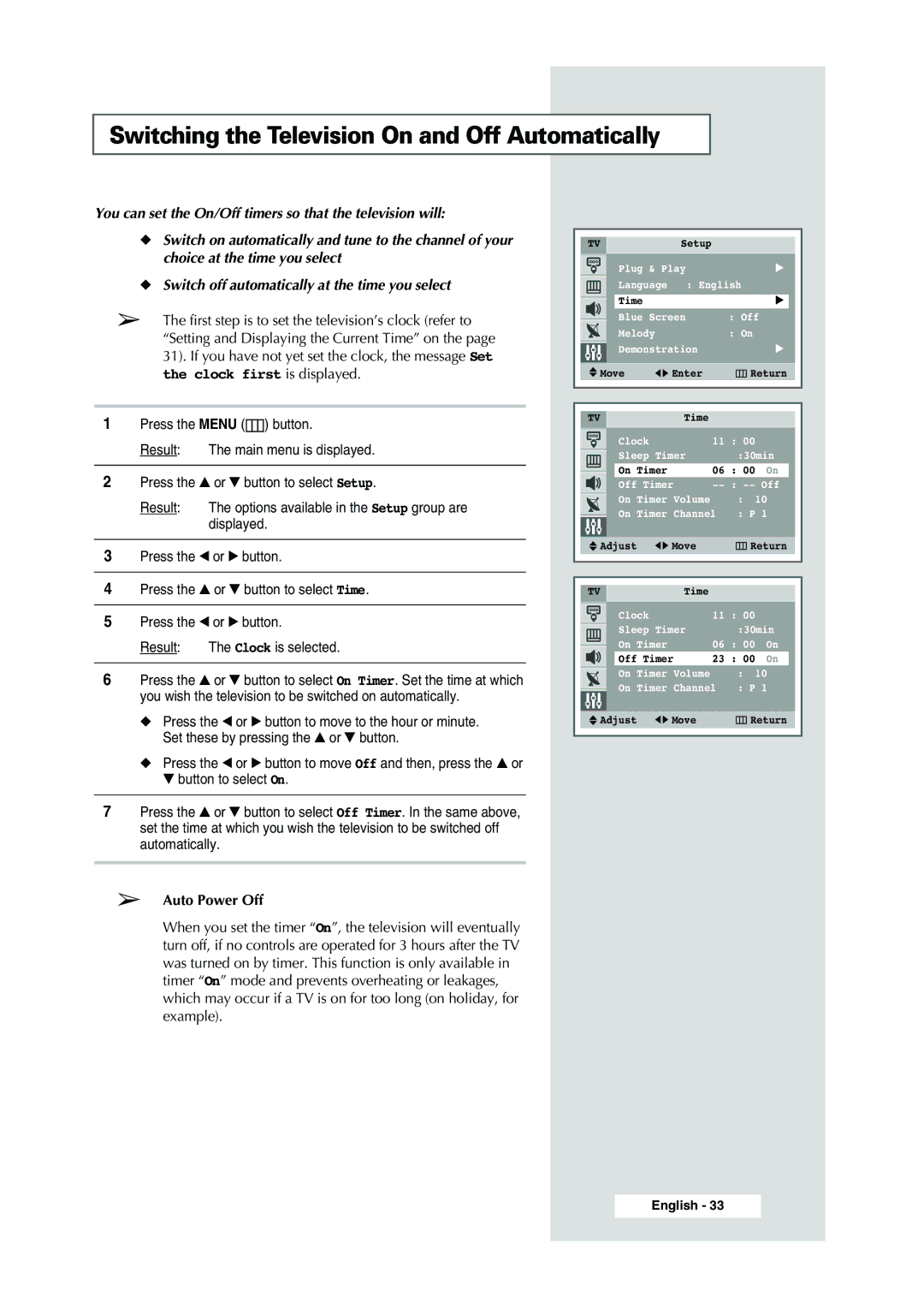 Samsung WS-32Z308P manual Switching the Television On and Off Automatically, Auto Power Off 