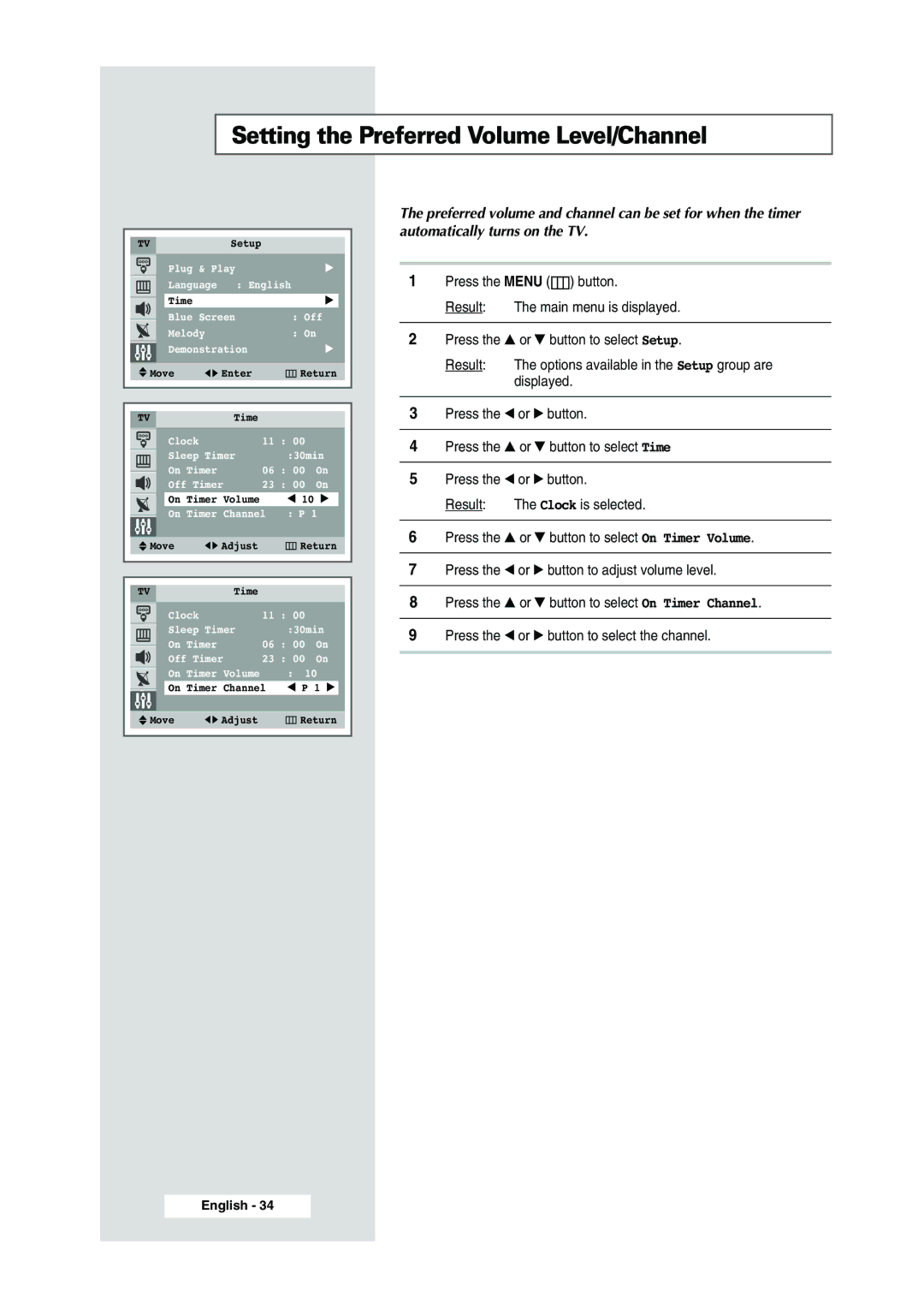 Samsung WS-32Z308P manual Setting the Preferred Volume Level/Channel, 10 √ 