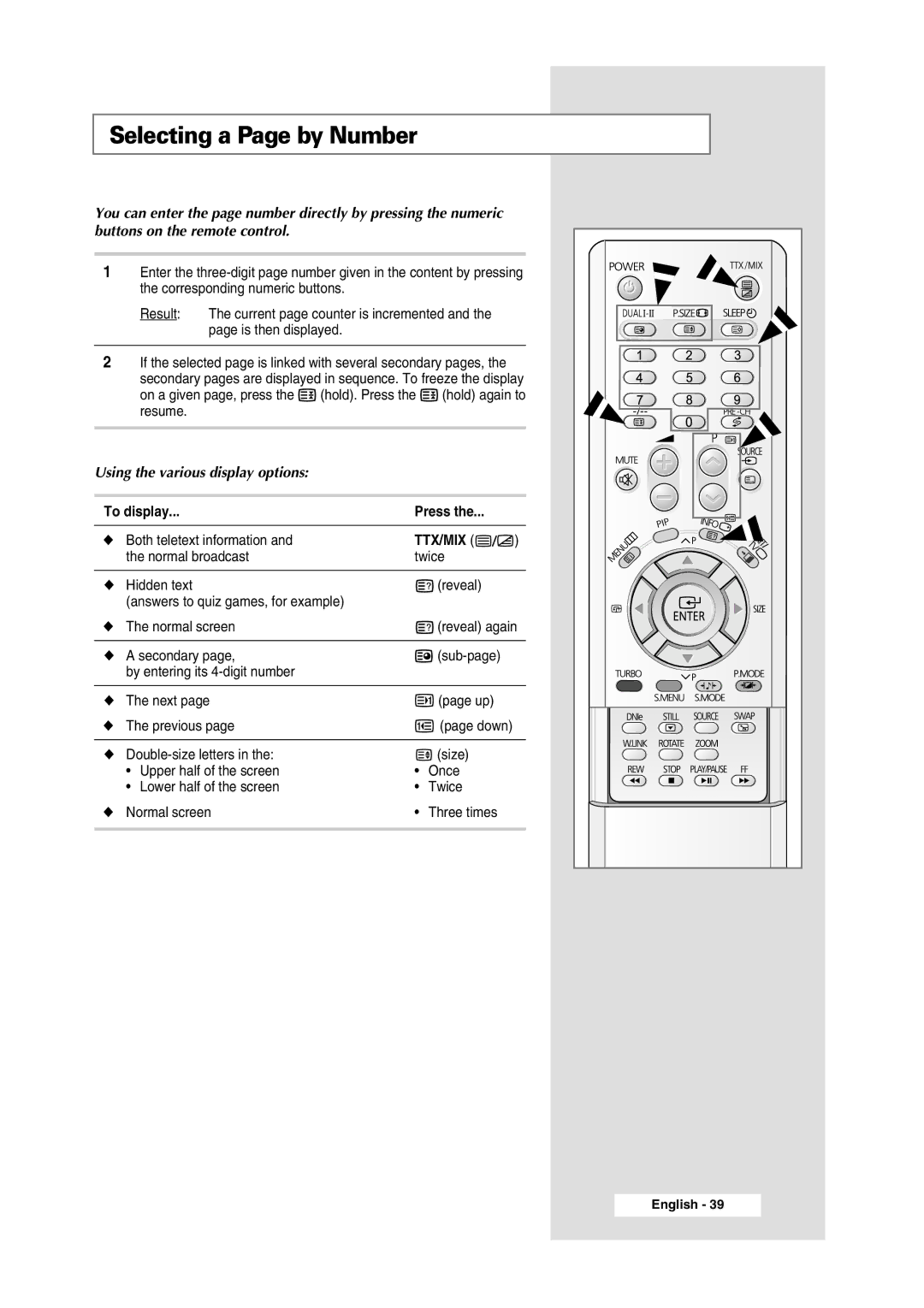 Samsung WS-32Z308P manual Selecting a Page by Number, Using the various display options 