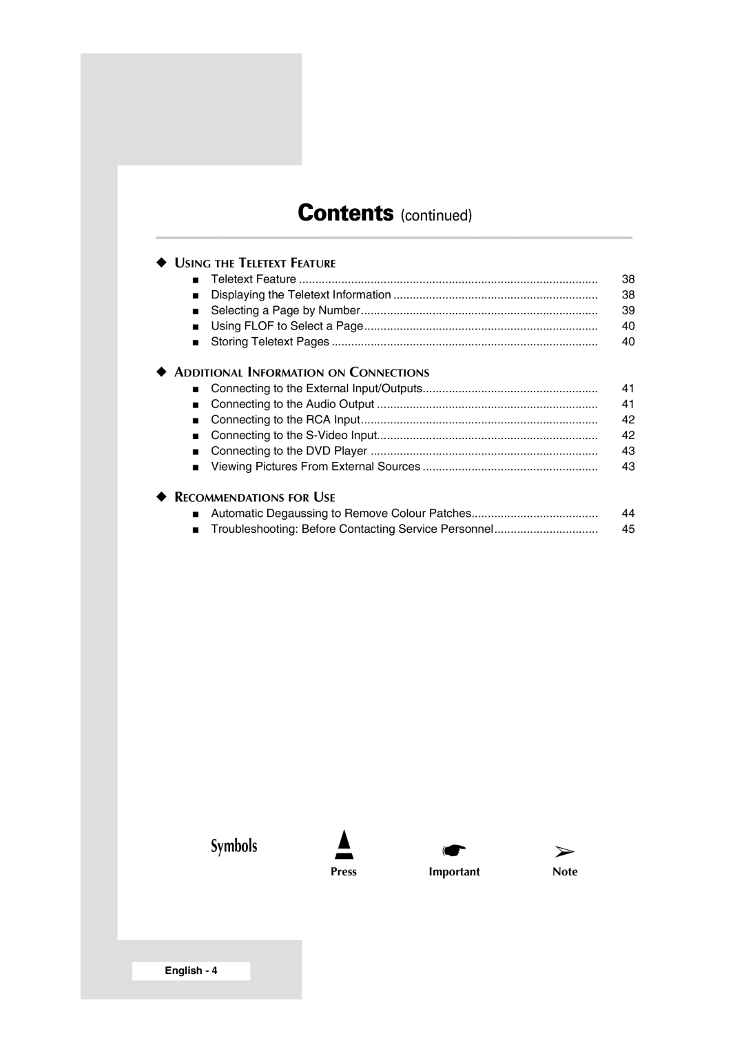 Samsung WS-32Z308P manual Symbols 