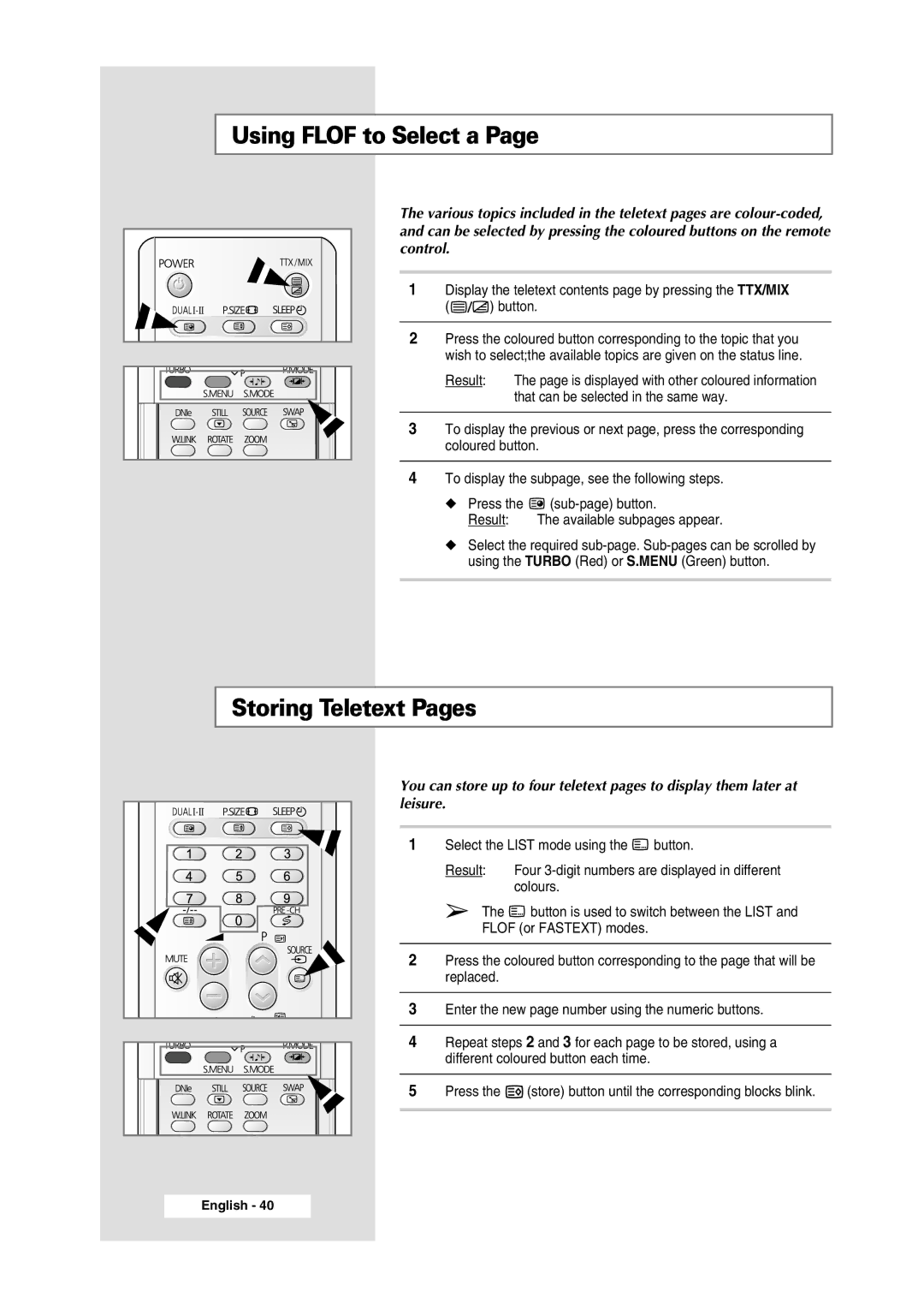 Samsung WS-32Z308P manual Using Flof to Select a, Storing Teletext Pages, Leisure 