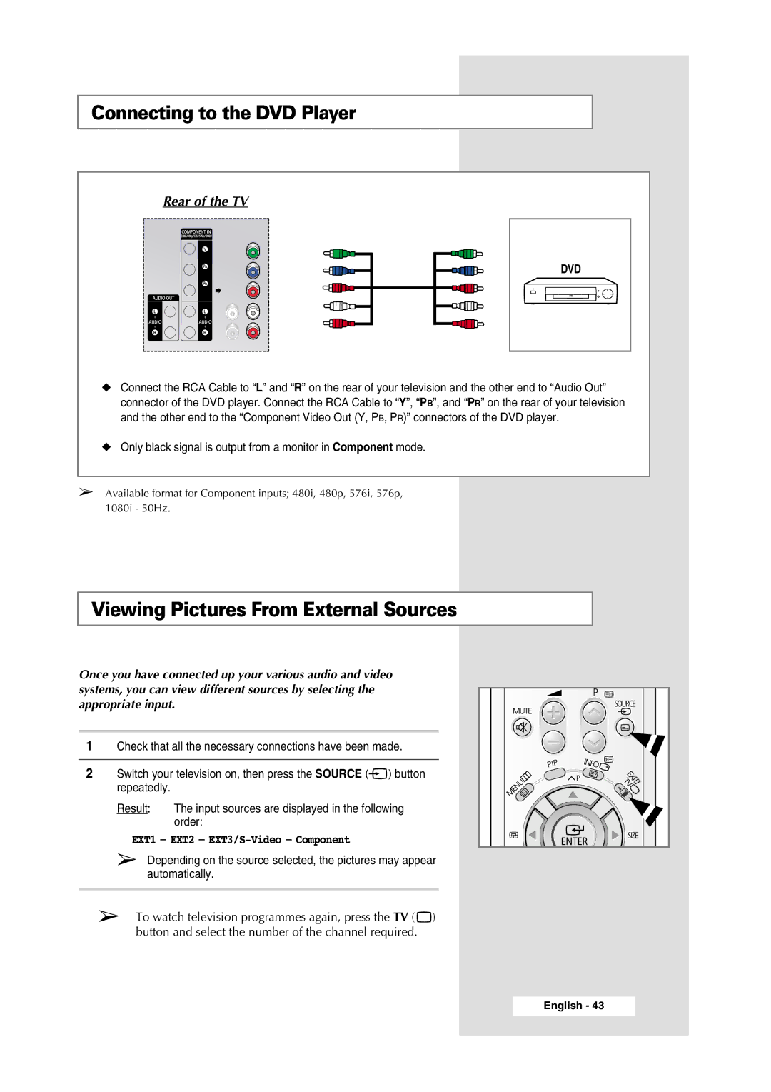 Samsung WS-32Z308P manual Viewing Pictures From External Sources, EXT1 EXT2 EXT3/S-Video Component 