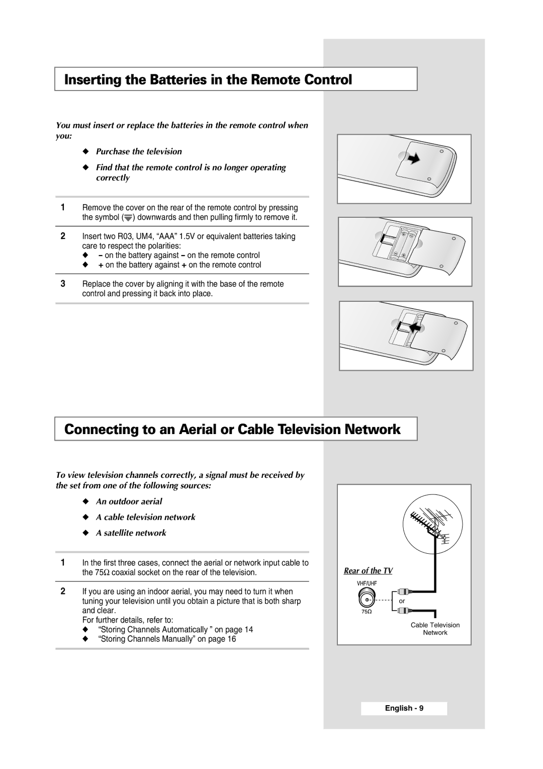 Samsung WS-32Z308P Inserting the Batteries in the Remote Control, Connecting to an Aerial or Cable Television Network 