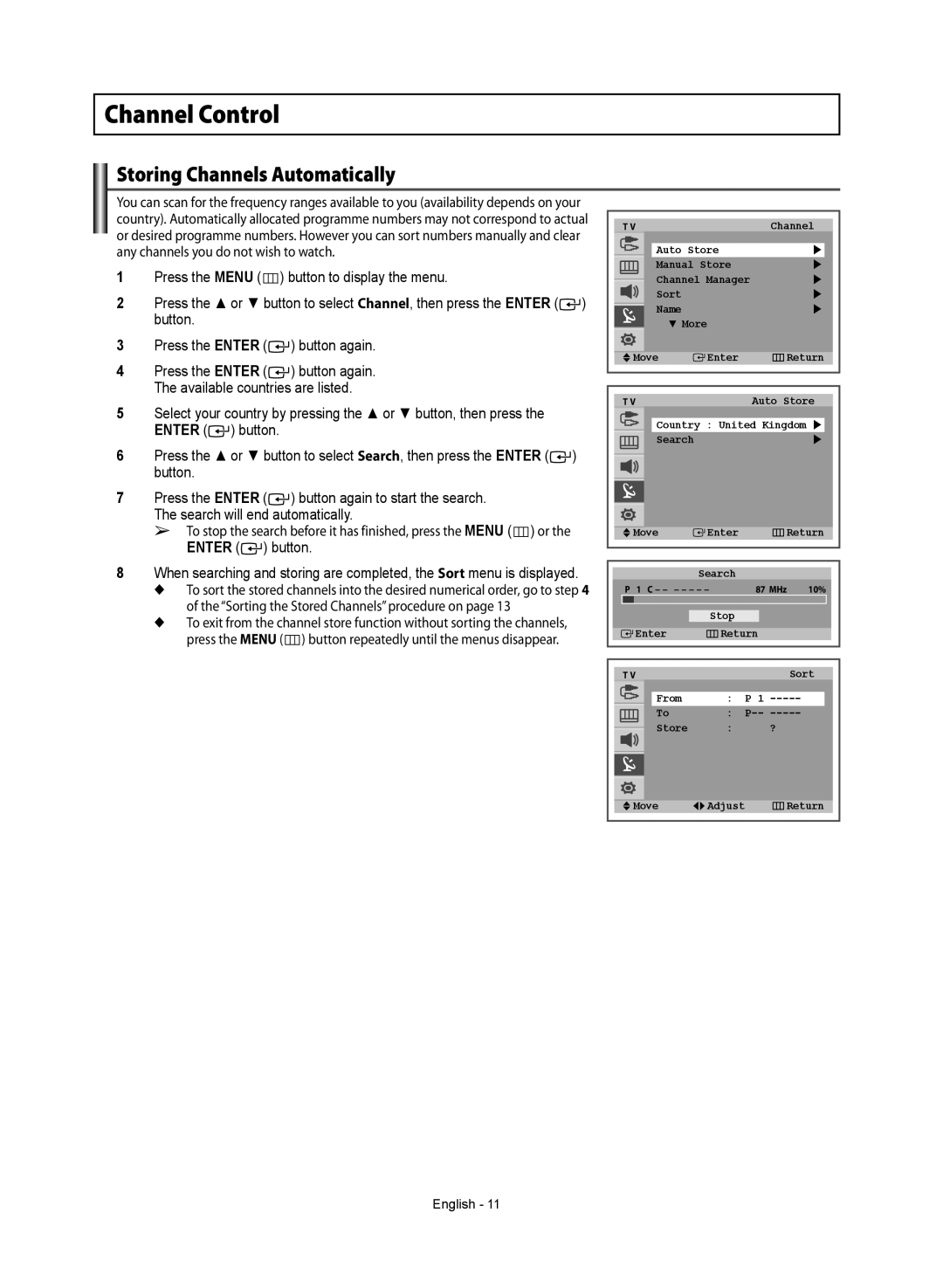 Samsung WS-32Z308T manual Channel Control, Storing Channels Automatically 