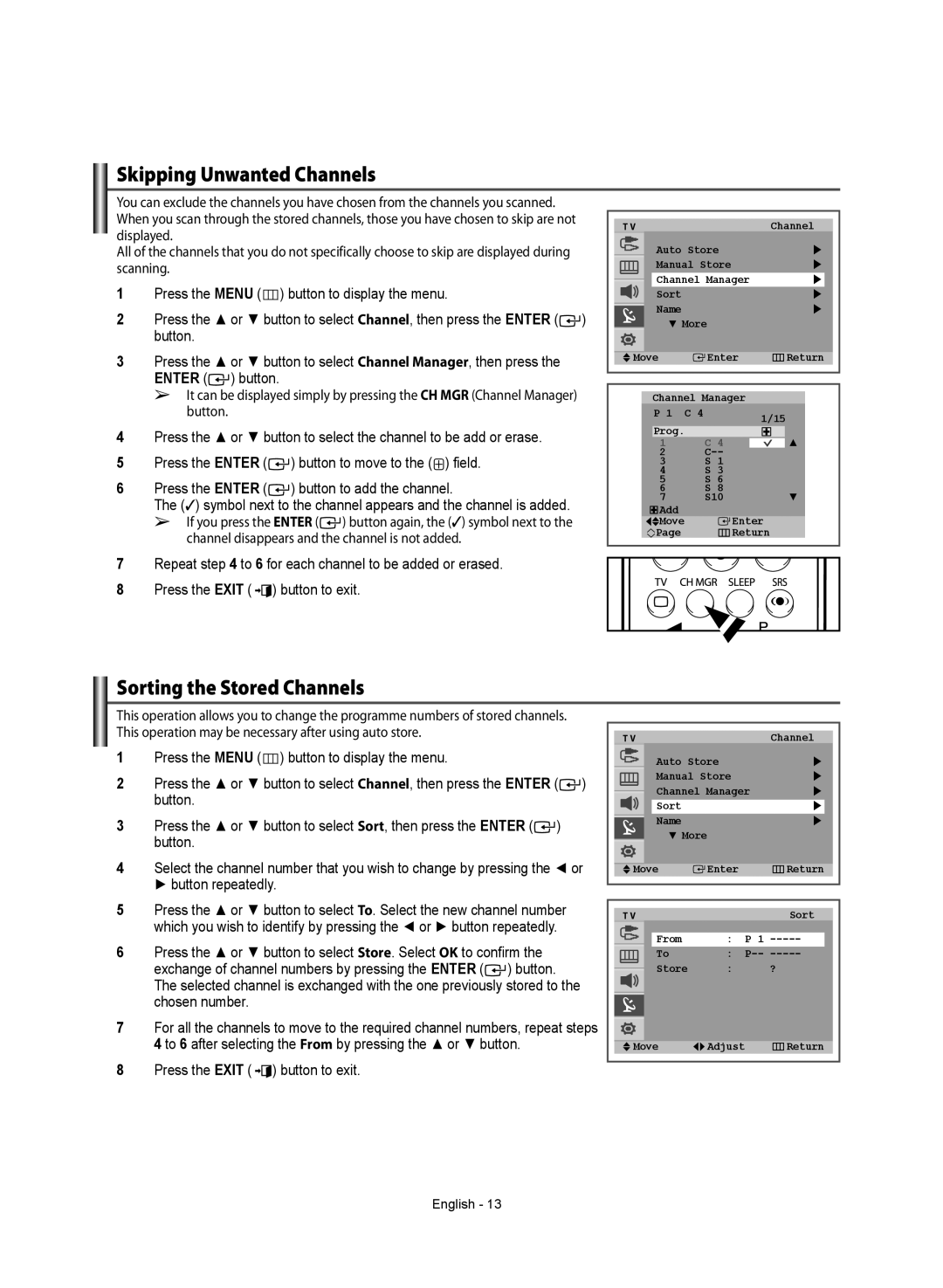 Samsung WS-32Z308T manual Skipping Unwanted Channels, Sorting the Stored Channels 