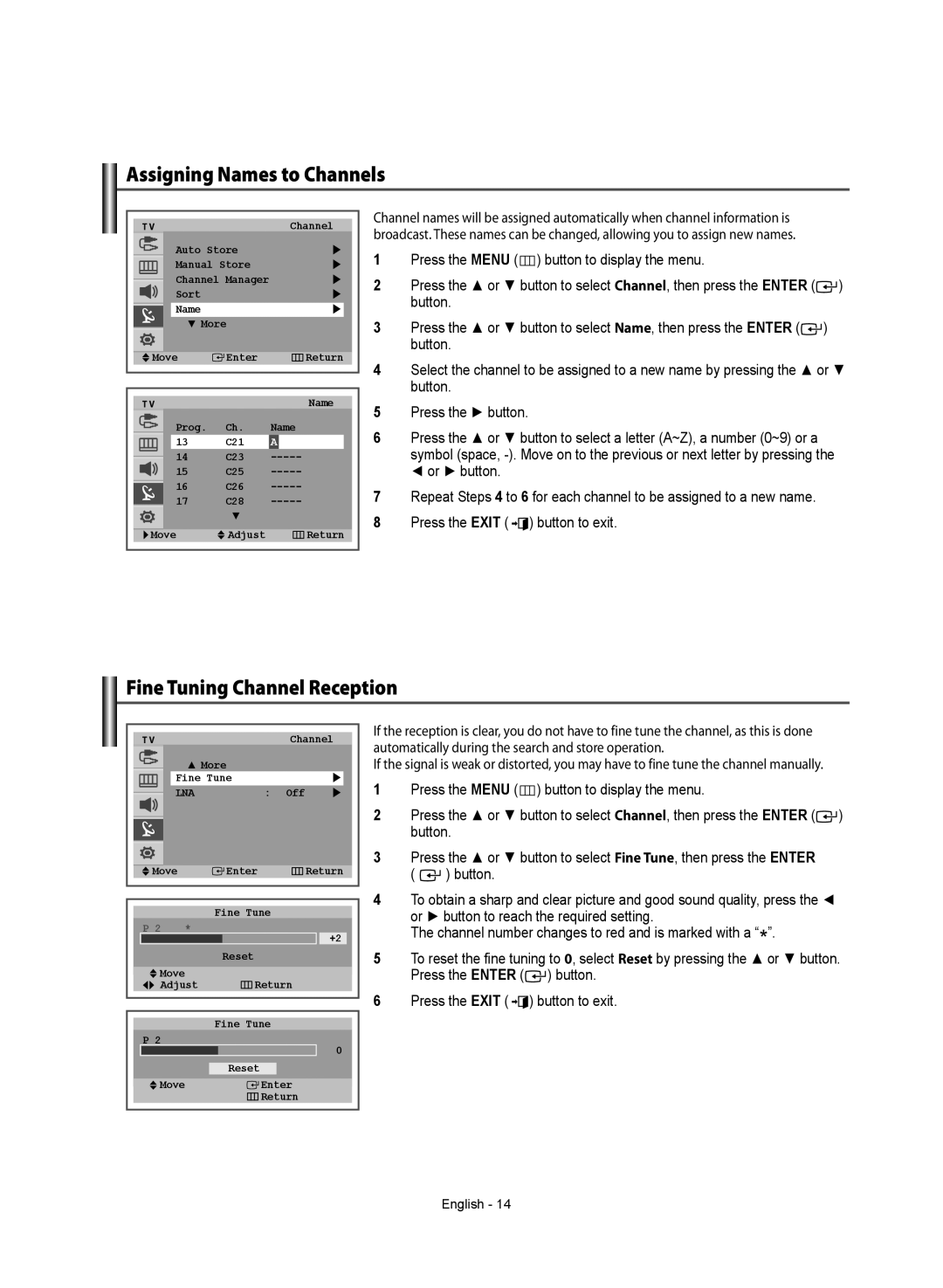 Samsung WS-32Z308T manual Assigning Names to Channels, Fine Tuning Channel Reception 