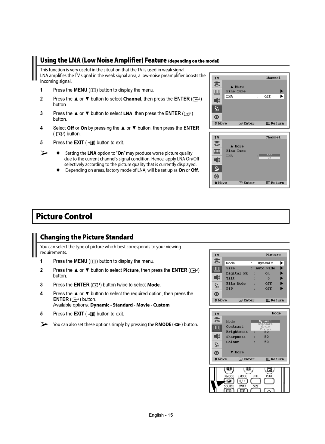 Samsung WS-32Z308T manual Picture Control, Changing the Picture Standard, Available options Dynamic Standard Movie Custom 