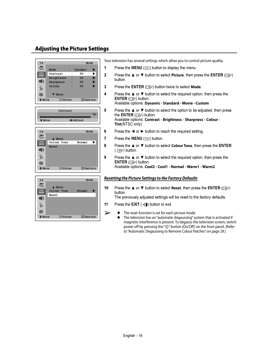 Samsung WS-32Z308T manual Adjusting the Picture Settings, Resetting the Picture Settings to the Factory Defaults 