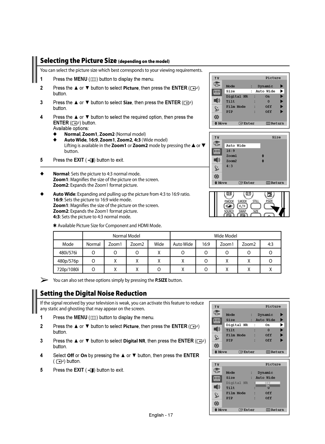 Samsung WS-32Z308T manual Selecting the Picture Size depending on the model, Setting the Digital Noise Reduction 