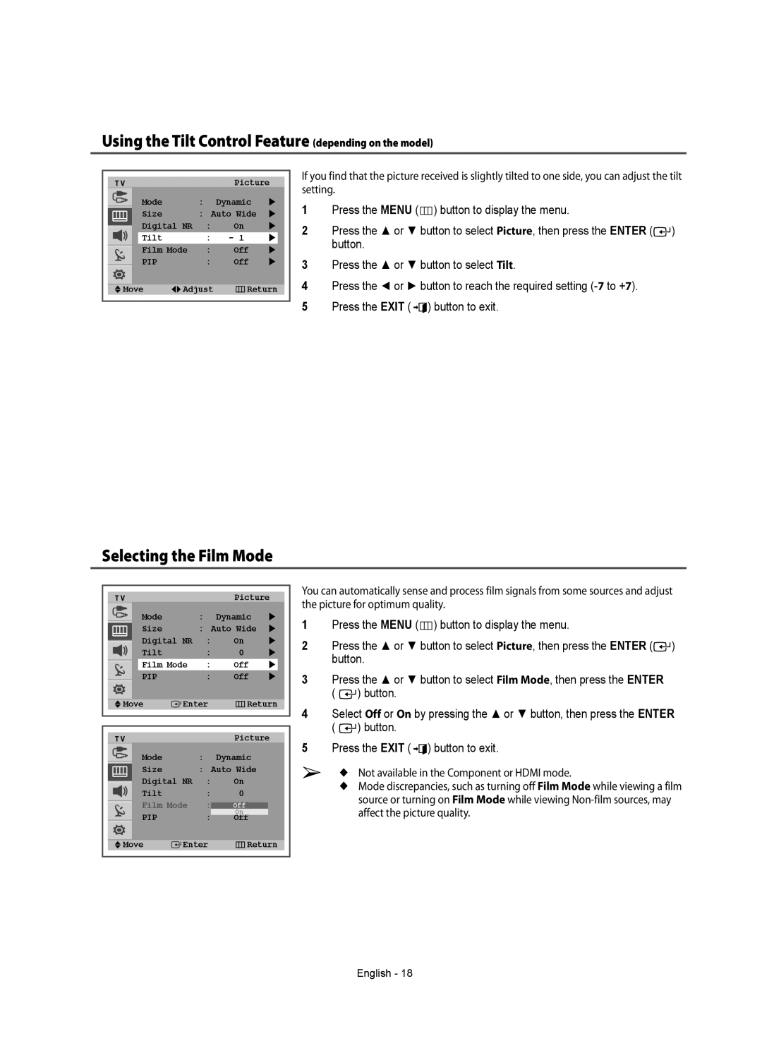 Samsung WS-32Z308T manual Using the Tilt Control Feature depending on the model, Selecting the Film Mode 