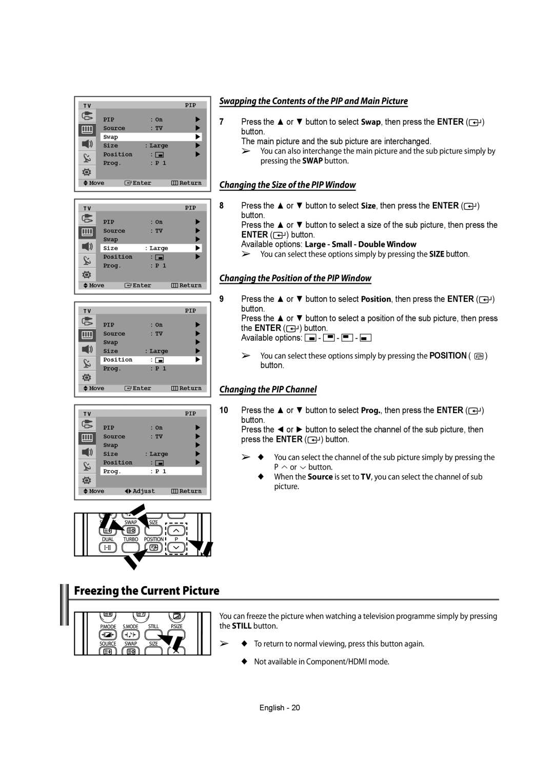 Samsung WS-32Z308T manual Freezing the Current Picture, Swapping the Contents of the PIP and Main Picture 