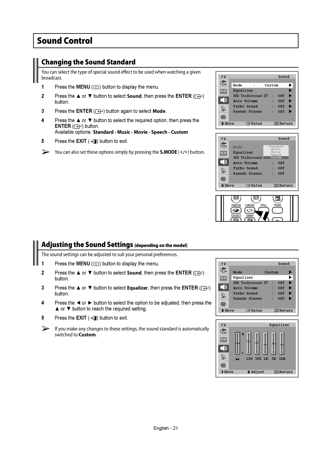 Samsung WS-32Z308T manual Sound Control, Changing the Sound Standard, Adjusting the Sound Settings depending on the model 