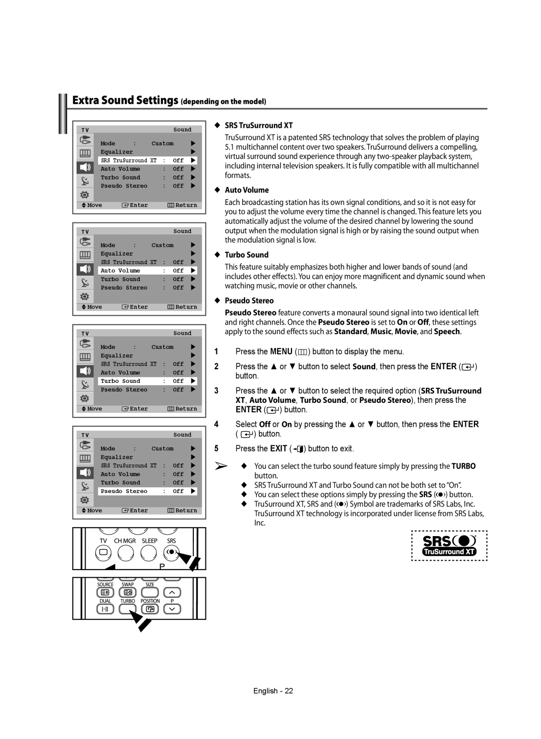 Samsung WS-32Z308T manual SRS TruSurround XT, Auto Volume, Turbo Sound, Pseudo Stereo, Inc 