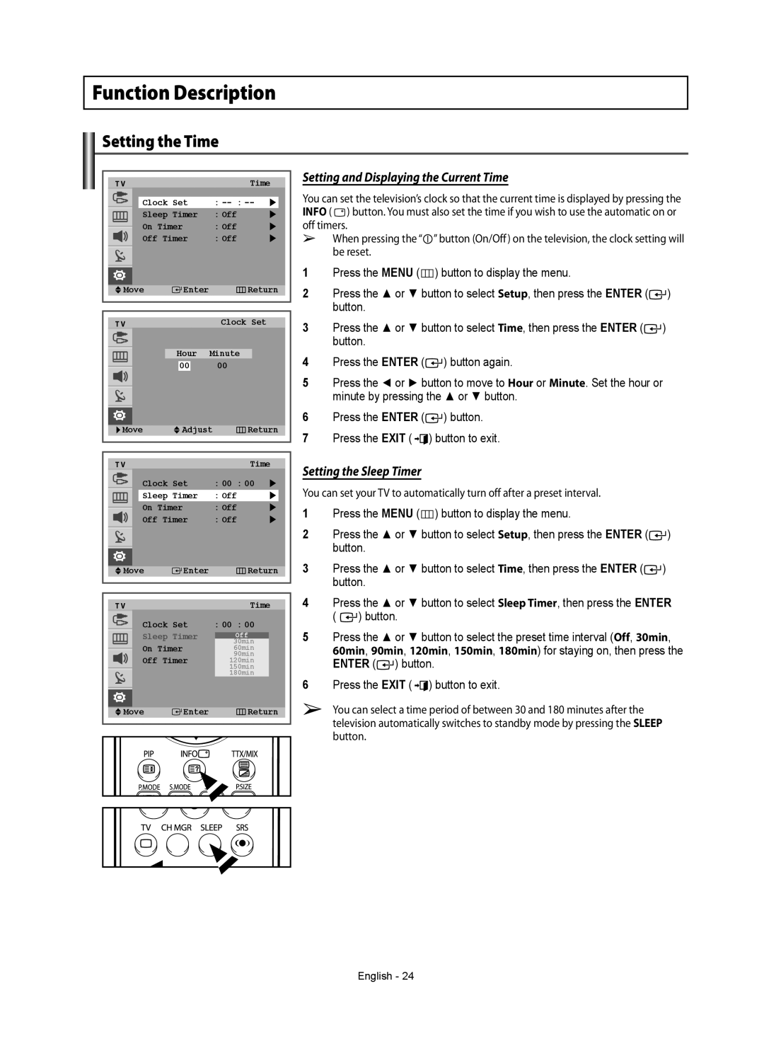 Samsung WS-32Z308T manual Function Description, Setting the Time, Setting and Displaying the Current Time 