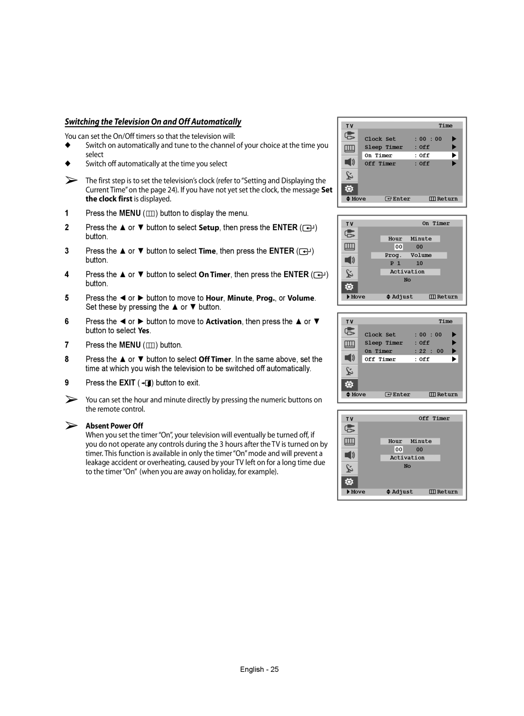 Samsung WS-32Z308T manual Switching the Television On and Off Automatically, Absent Power Off 