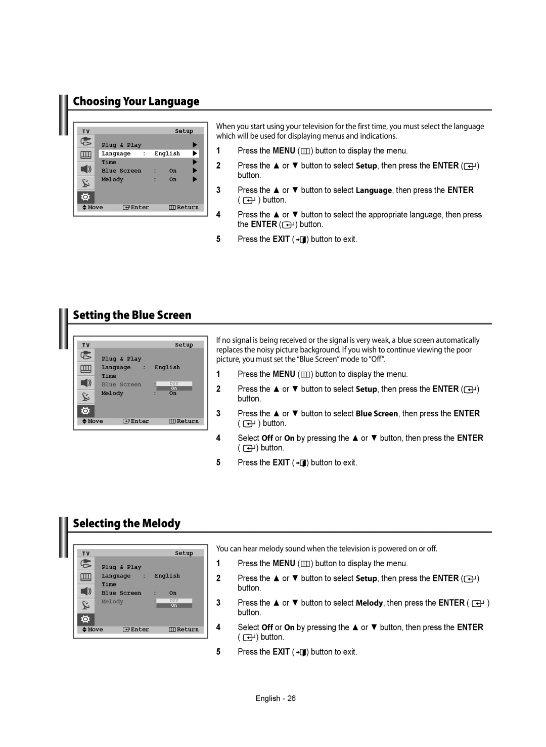 Samsung WS-32Z308T manual Choosing Your Language, Setting the Blue Screen, Selecting the Melody 