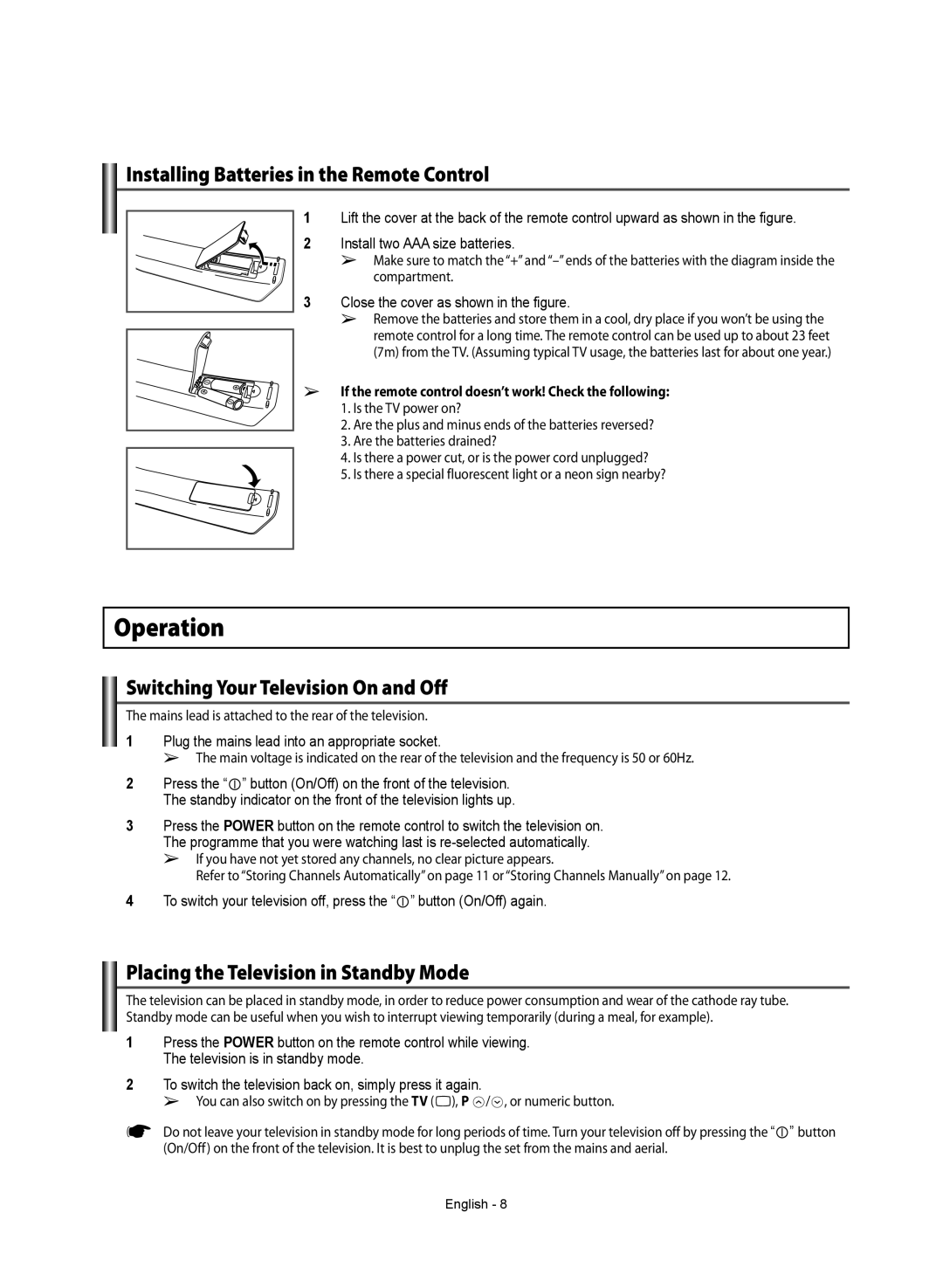 Samsung WS-32Z308T manual Operation, Installing Batteries in the Remote Control, Switching Your Television On and Off 