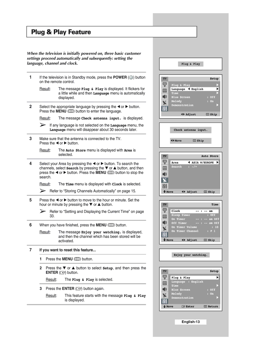 Samsung CS29A6SP, WS32A11SP, WS32A11SS, CS29A11SP Plug & Play Feature, Result The message Check antenna input. is displayed 