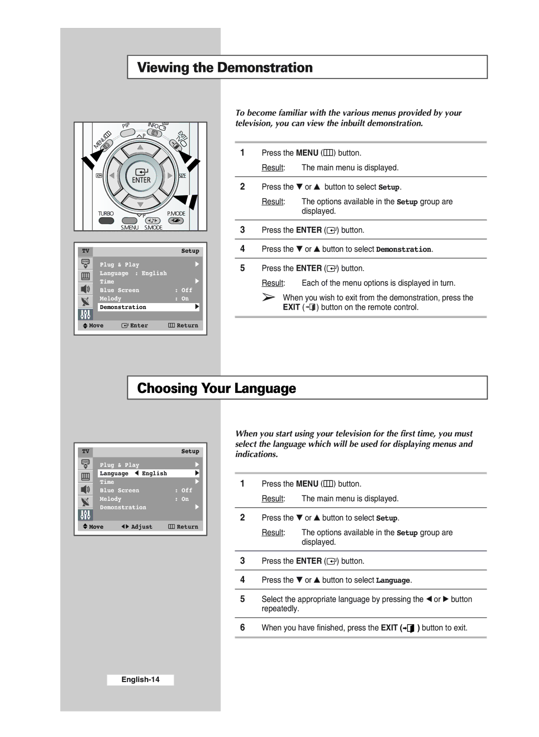 Samsung CS29A11SP, WS32A11SP, WS32A11SS, CS29A6SP, CS34A11SP, CS29M20SS manual Viewing the Demonstration, Choosing Your Language 