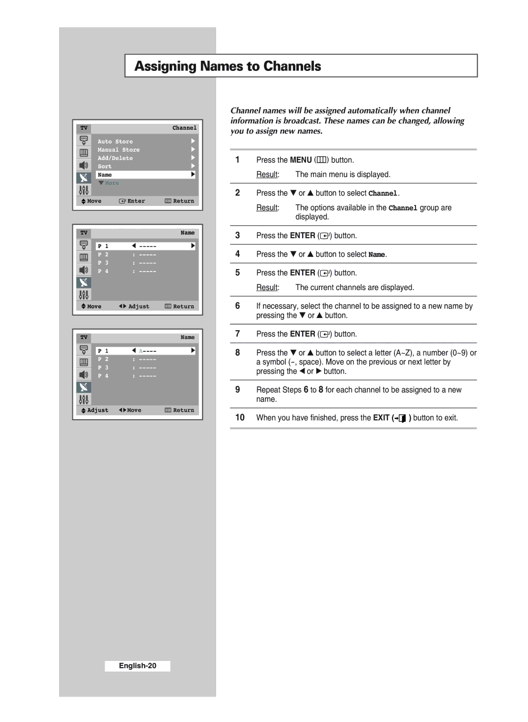 Samsung CS29M20SP, WS32A11SP, WS32A11SS, CS29A6SP, CS29A11SP, CS34A11SP, CS29M20SS, CS29Z4SS manual Assigning Names to Channels 