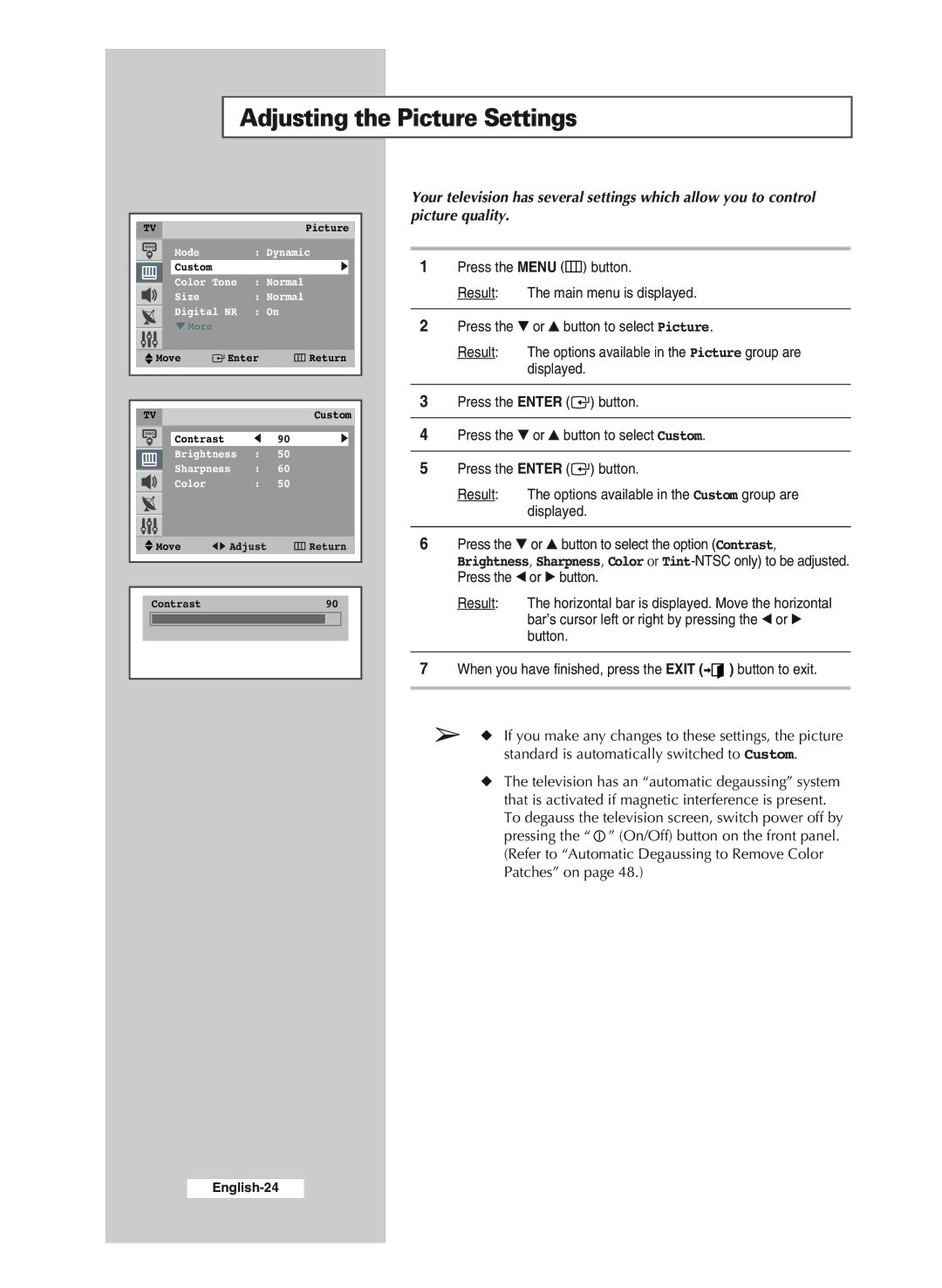 Samsung CS29A6SP, WS32A11SP, WS32A11SS, CS29A11SP, CS34A11SP, CS29M20SS, CS29Z4SS, CS29Z4SP manual Adjusting the Picture Settings 